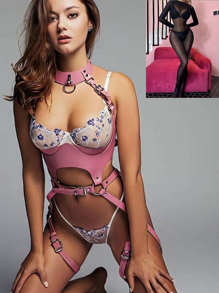 Sexy Bondage Lingerie Outfit Leather with Bodystockings  Adjustable Garter Full Body Harness Gothic Sex Product Erotic Set