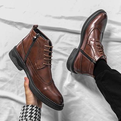 Men's Fashionable High-Top Pointed Toe Brogue Leather Boots with Side Zipper - Trendy Autumn Martin Style