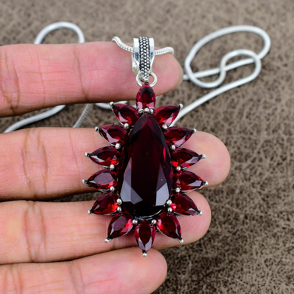 Garnet Gemstone Handmade 925 Sterling Silver Jewelry Pendant 2.48" KKG-294