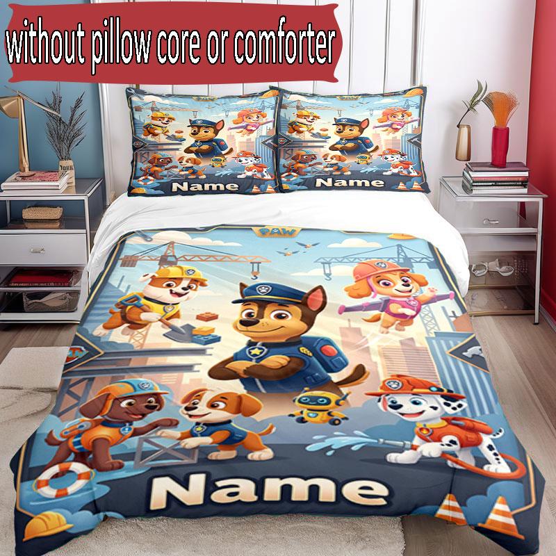 3pcs Duvet Cover Set (1*Duvet Cover + 2*Pillowcase, Without Core), Custom Name PAW Patrol Pattern Bedding Set, Home Bedroom Decor Gift