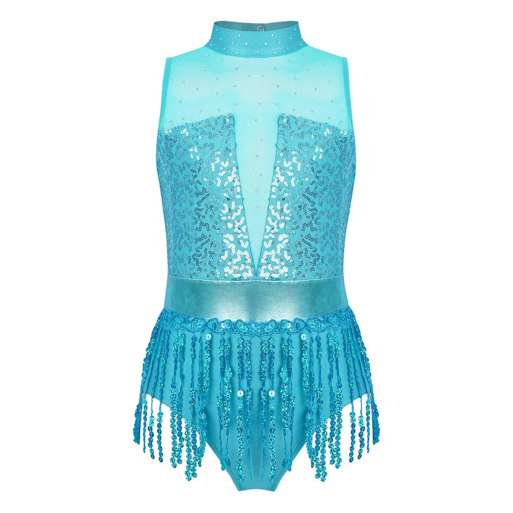 Mädchen Glitzernde Pailletten Quasten Tanzbody Ärmellos Schlüsselloch Rücken Patchwork Fransen Body Performance Kostüm