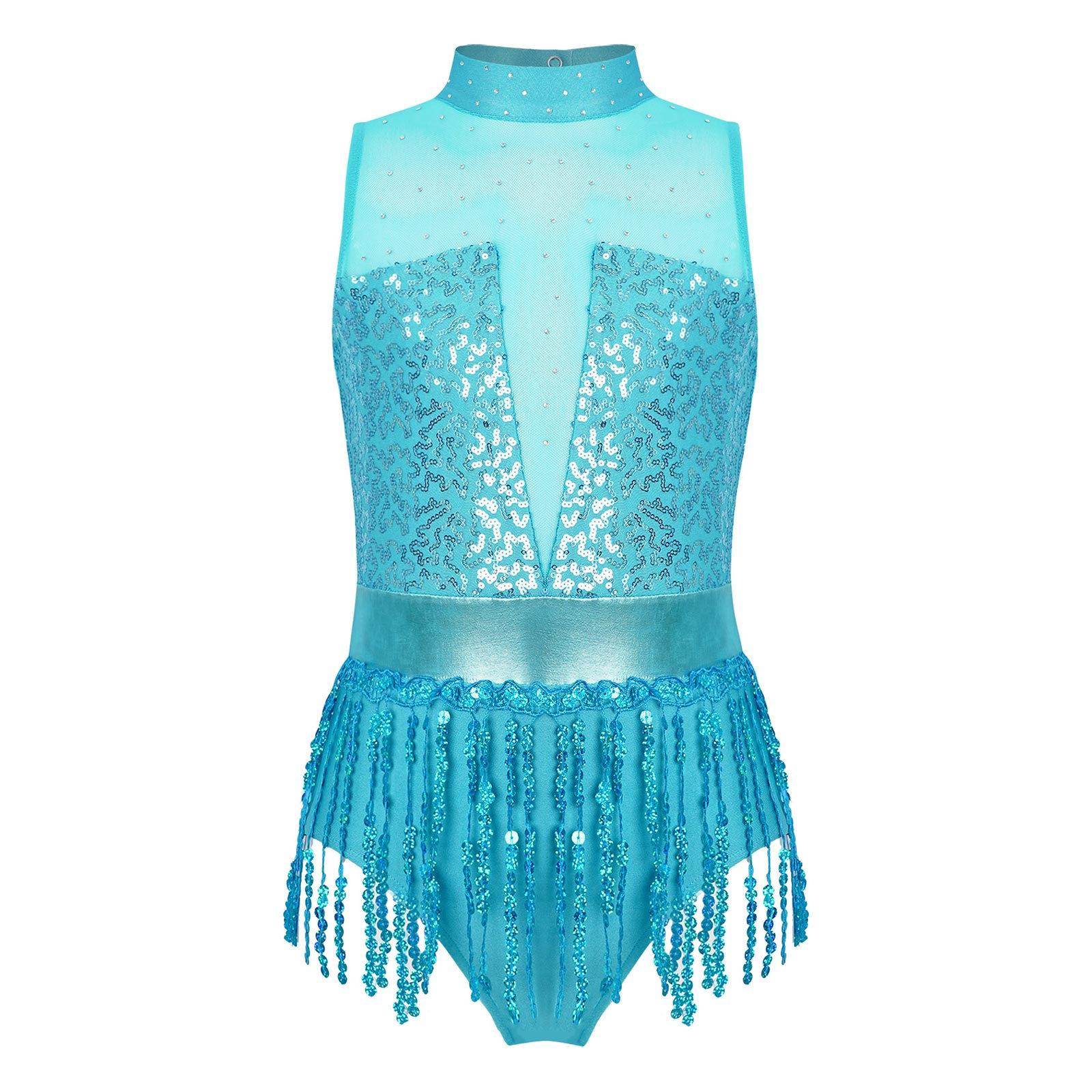 

Girls Sparkly Sequin Tassels Dance Leotard Sleeveless Keyhole Back Patchwork Fringed Bodysuit Performance Costume