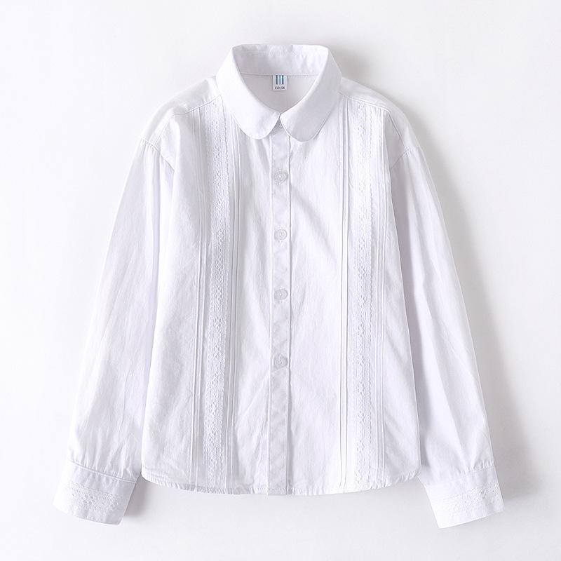 Girls' White Cotton Long-Sleeve School Shirt - Spring/Autumn Style for Primary and Secondary Students