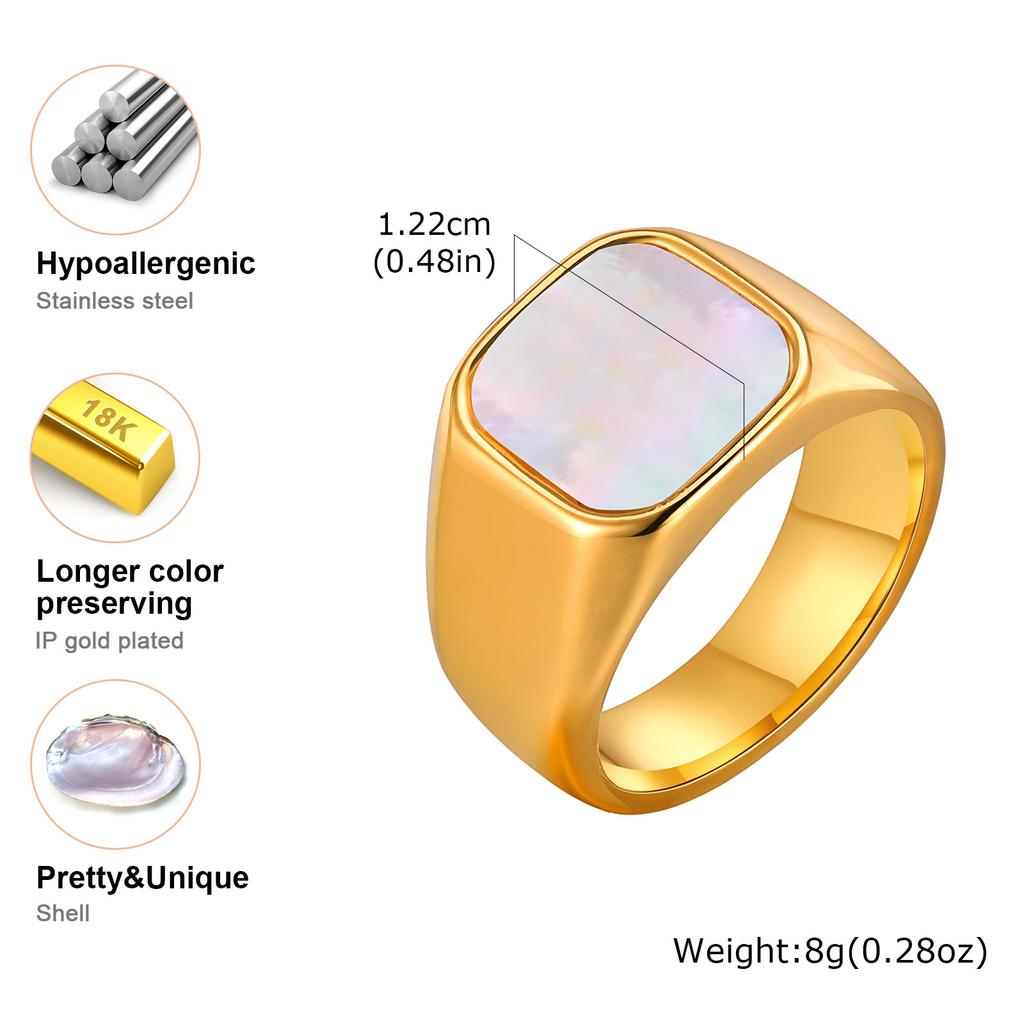 Stainless Steel White Shell Rings Metal Glossy Signet Square Finger Punk Style Fashion Ring For Women 18K Gold Plated Jewelry