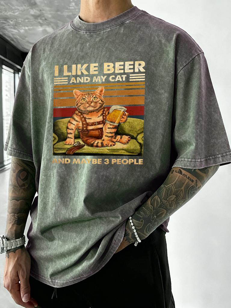 I Like Beer And My Cat Print Washed Tee Shirt Mens Trendy Cotton Sportswear Crewneck Casual T Shirts Loose Breathable Clothing