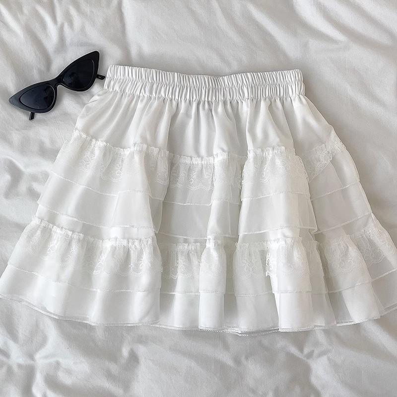 Women Lace Mini Skirt Summer Cake Ruffled High Waist Slim A Line Skirt Shorts Korean Female Kawaii Casual College White