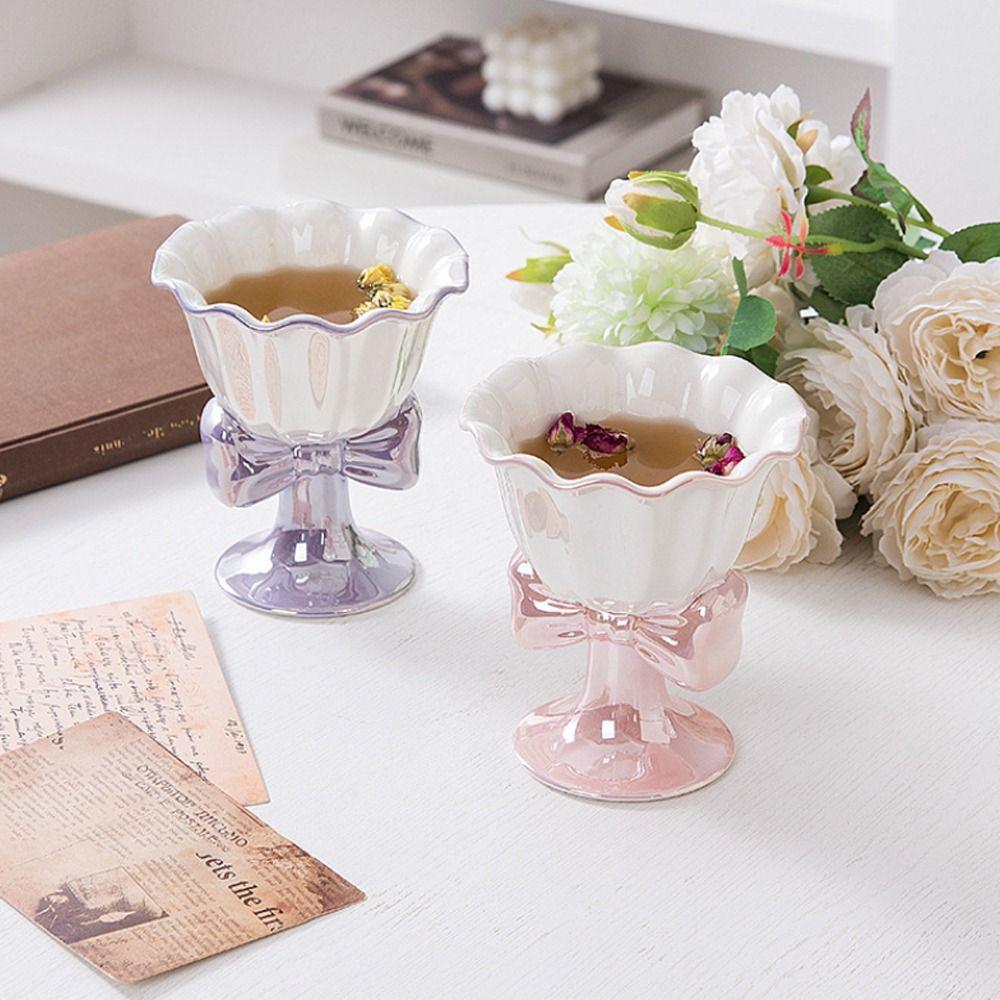 Ceramic Dessert Cup Multi-Function Tea Cup Dessert Tools Bow Shaped Ice Cream Cup  Desktop