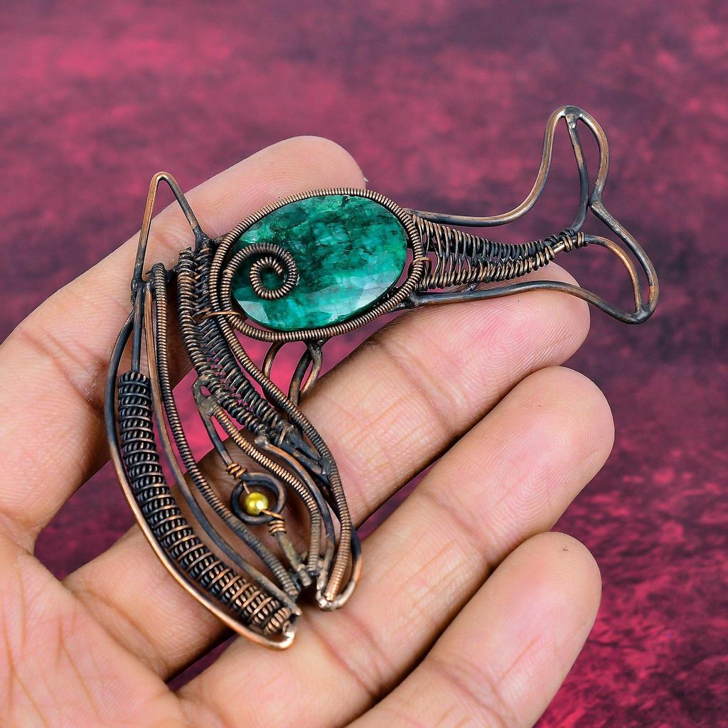 Faceted Zambian Emerald Gemstone Pendant Copper Wire Wrapped Jewelry Fish Pendant