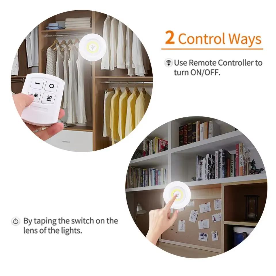 COB LED Wireless Under Cabinet Light with Remote Control Dimmable 3W Battery Night Lamp for Wardrobe Closet Bedroom Kitchen Lighting