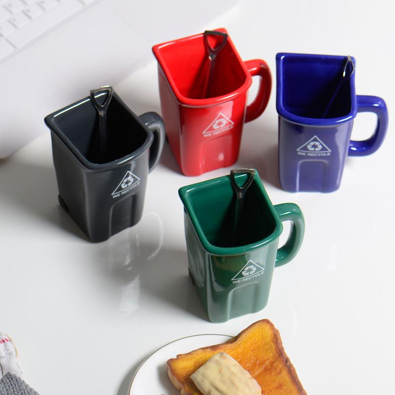 Square Trash Can, Ceramic Mug, Green Recyclable Bucket, Water Cup, Creative Strange Coffee Cup with Shovel