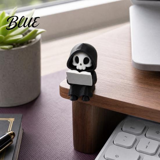 Sensenmann Statue Lese Figur 3D Gedruckte Mini Totenkopf Statue Vielseitige Schreibtischdekoration Niedliches Gotisches Skelett Ornament für Bücherregal,