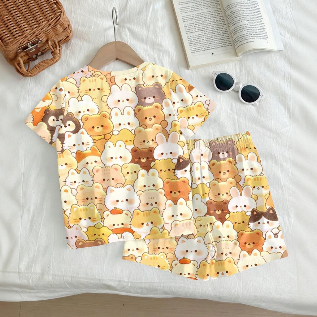 Kids Casual Short Sleeve Top and Shorts Set Animal Print Lightweight Comfortable Soft Fabric Summer Outfit for Boys and Girls