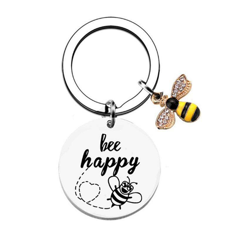 1Pcs Stainless Steel Bee Round Brand Keychain Backpack Car Key Accessories Decoration