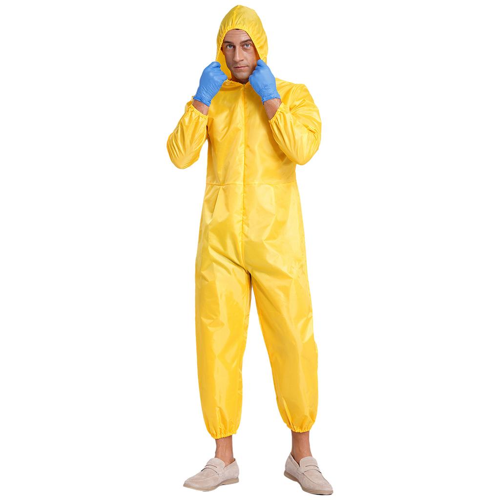 Salopetă completă cu glugă pentru bărbați, mâneci lungi, fermoar frontal, deschidere elastică, salopetă, costum hazmat, costum de Halloween
