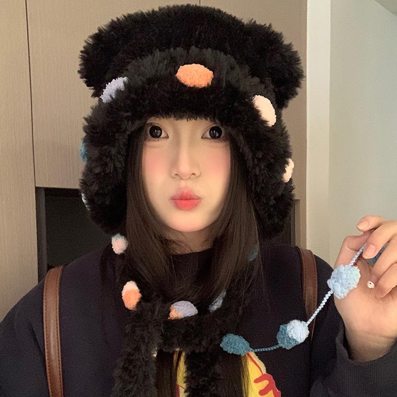 Căciulă caldă de pluș cu urechi de ursuleț și pisică, cu fundă, pentru femei – Protecție pentru urechi de toamnă/iarnă cu design cu față deschisă
