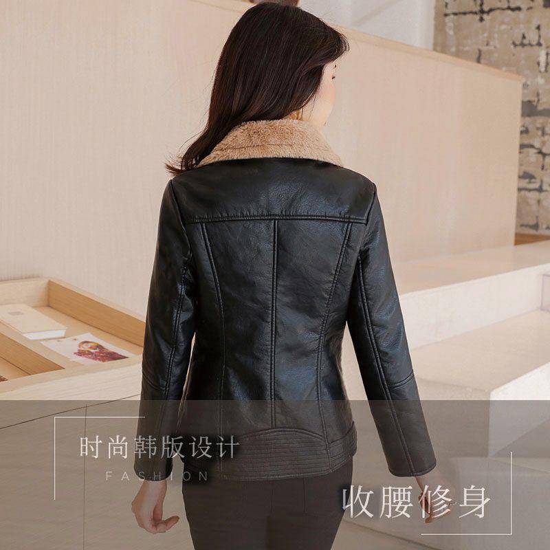 Winter PU Leather Jacket Women Short Blazers Coat Fleece Double Faced Fur Leather Outerwear Lady Slim Suit Tops