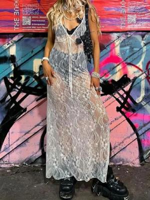 Sexy Lace Floral See-through Slip Club Night Party Dresses for Women 2024 Spring Summer Beach Casual Long Dress