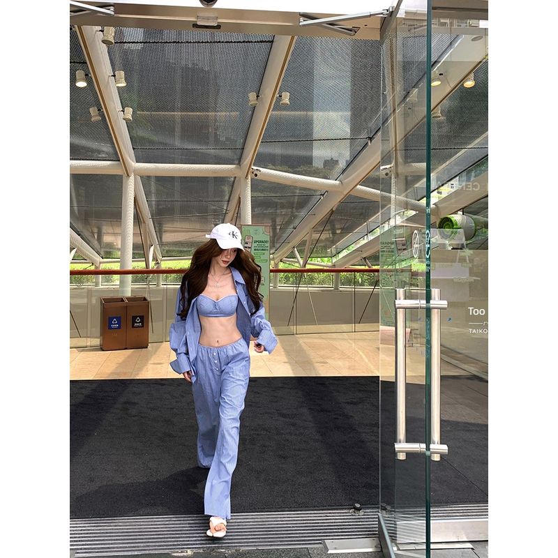 Kumikumi Sexy Style Loose Long Sleeves Shirt Underwear Spaghetti-Strap Slip Women's Autumn Slimming Loose Pants Three-Piece Set