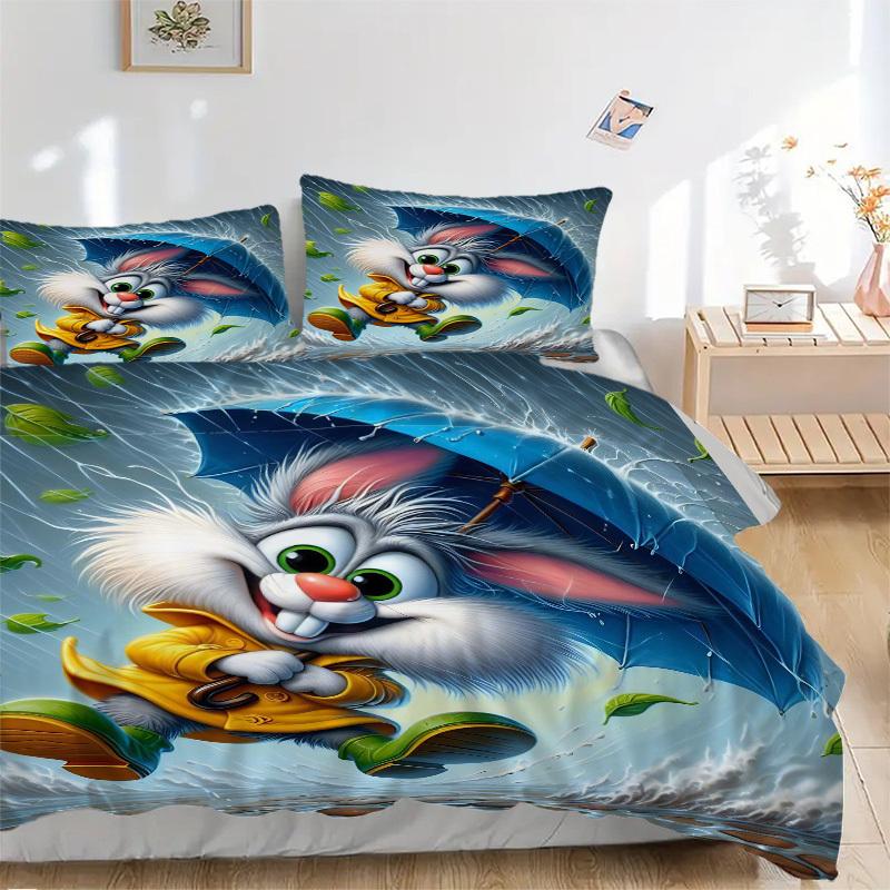 3pcs Anime Bunny Comforter Set with Two Pillowcases (No Core) - Home Decor, Festival Gift, Polyester Fabric, Cartoon Design for Bedroom and Guest