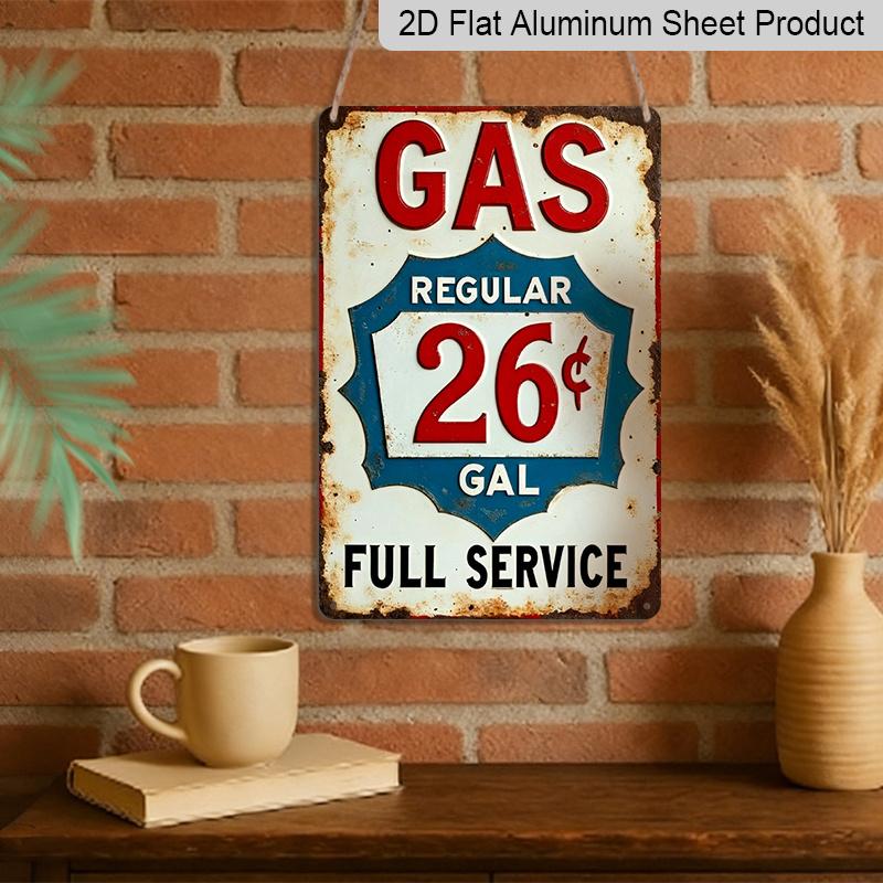 2D Flat 1pc Vintage Gas Station Aluminum Sign GAS REGULAR 26 GAL FULL SERVICE - Distressed Retro Wall Art for Garage, for Man Cave, Diner