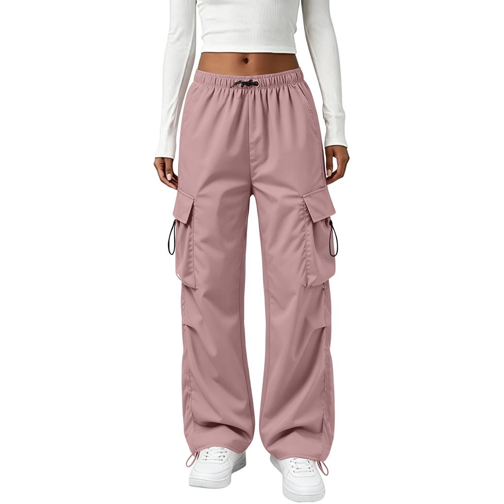Women’s Retro Straight Leg Cargo Pants with Drawstring Cuffs Loose Fit Elastic Waistband Utility Trousers for Daily Wear