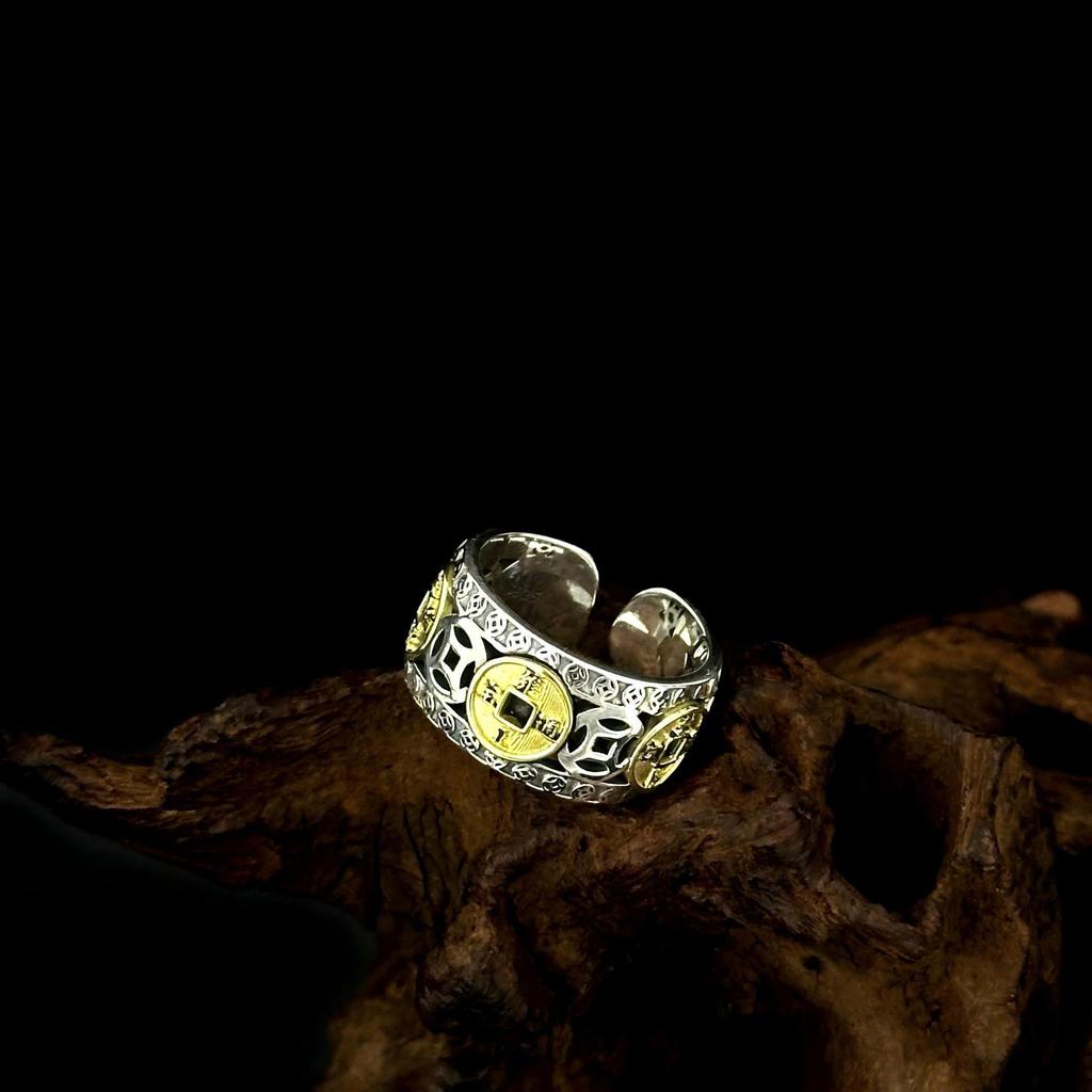 Bracciale Regolabile in Argento Sterling S925 Monete dei Cinque Imperatori e Anello Lingotto: Stile Nazionale Retrò per Uomo e Donna, Raffinato.