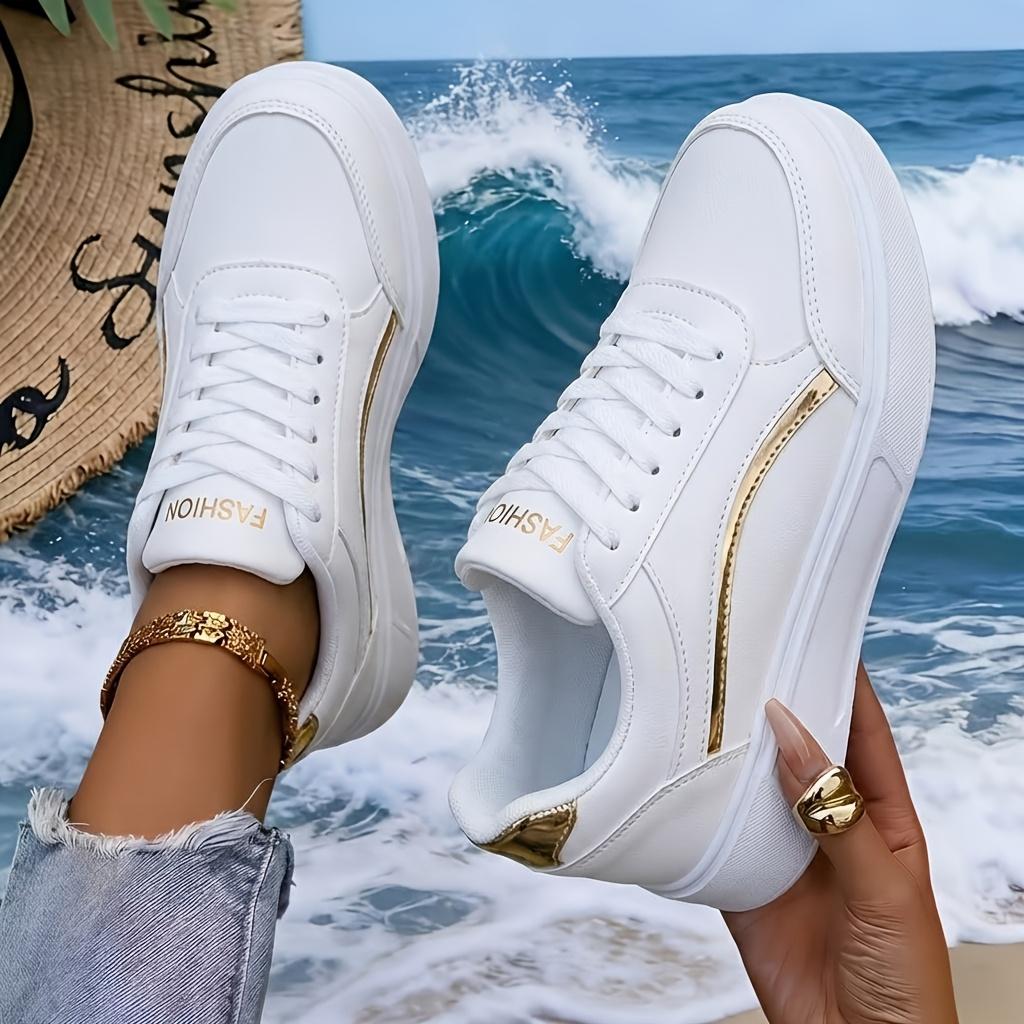 Women Gold Line Platform Skate Shoes 2026 New Fashion Lace Up White Black Casual Sneakers Ladies Soft Leather Lightweight Non Slip Walking
