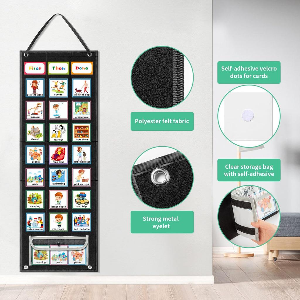 Large Black Visual Schedule Chart for Kids Chore with 92 Pcs Cards, Visual Behavioral Routine Tool for Toddlers, Daily Schedule Board Autism Learning