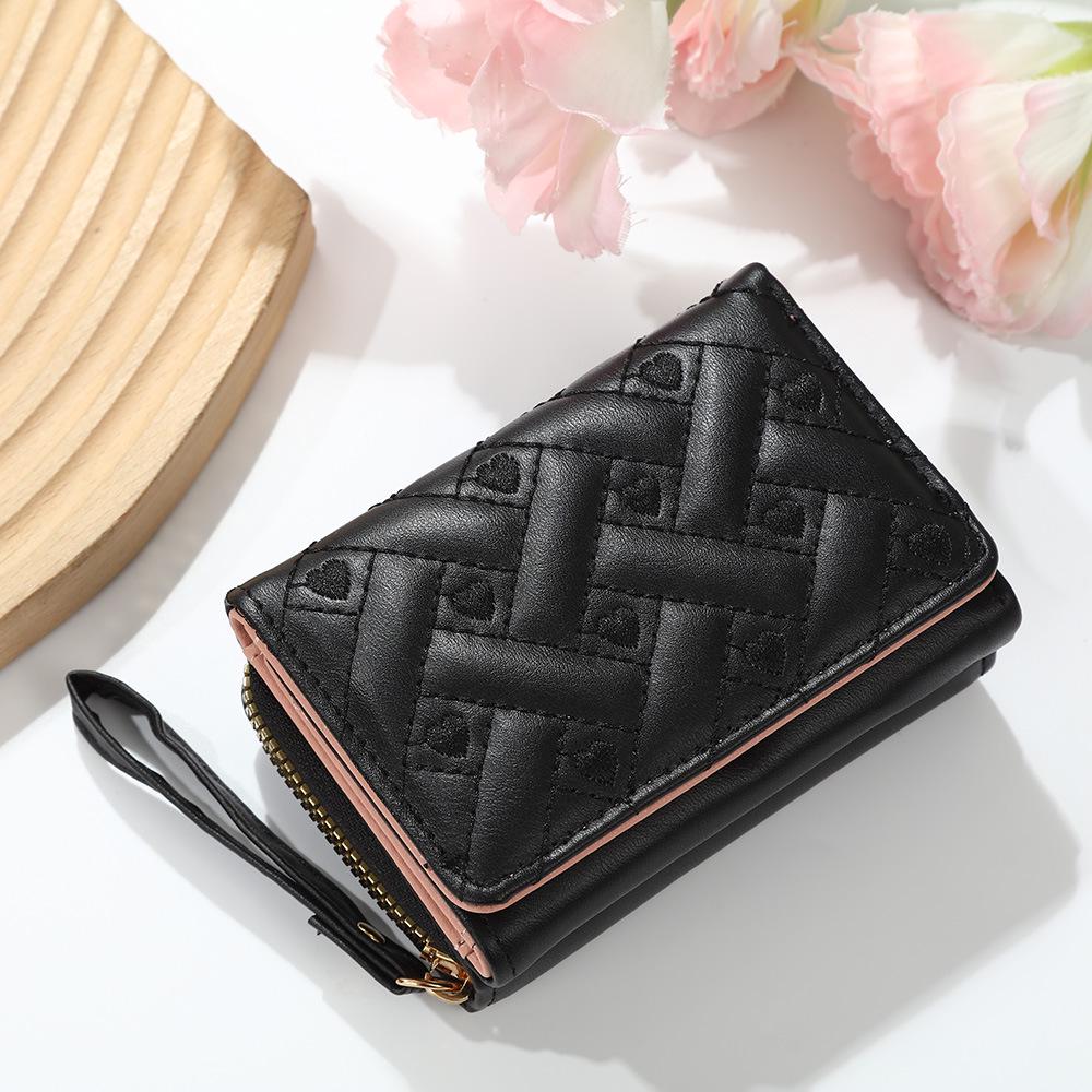 Dámská výšivka srdce PU trojdílná peněženka: Krátká peněženka s více sloty na karty & Držák na karty v jednom