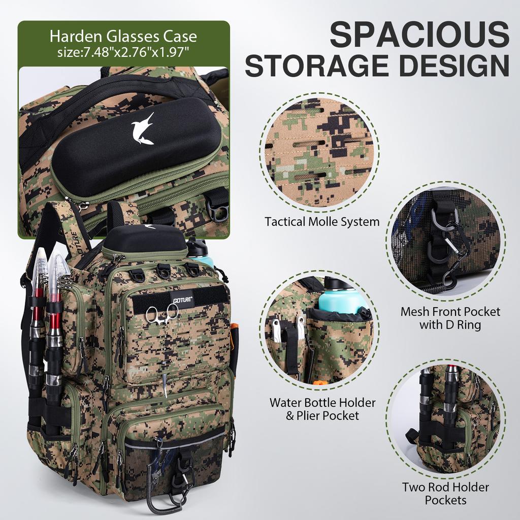 Zaino da Pesca Goture da 45L ad Ampia Capacità, Borsa da Pesca Impermeabile con 4 Scatole porta Attrezzi, Porta Canne per Attrezzatura da Pesca, Regalo per Uomini