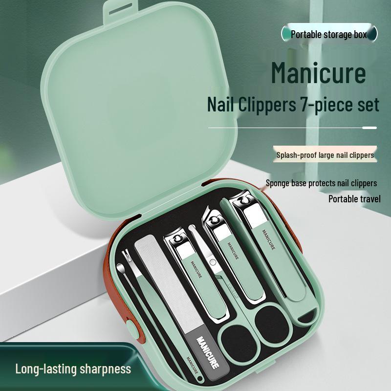 Matcha Green Nail Care Set: Anti-Splash Clippers, High-Grade Nail Tweezers, Eyebrow Tweezers, and Nose Hair Trimmer.