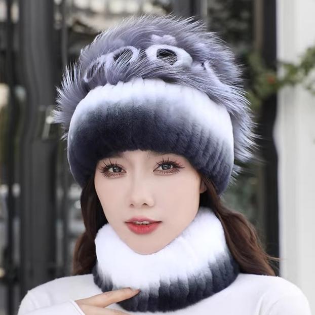 Fur Rex Rabbit Hair Hat Women's Winter Neck Cover Two-piece Warm Korean Version Fashion Beautiful Mom Snow Hat Travel