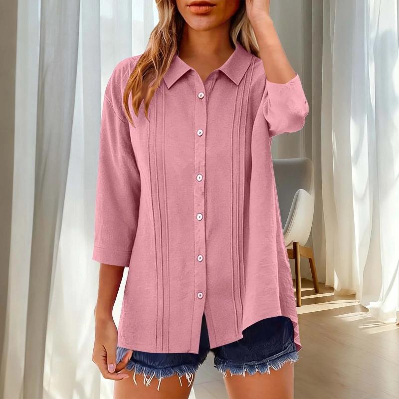 Summer New Women's Casual Tops Three-quarter Sleeve Solid Color Lapel Cotton and Linen Loose Shirt