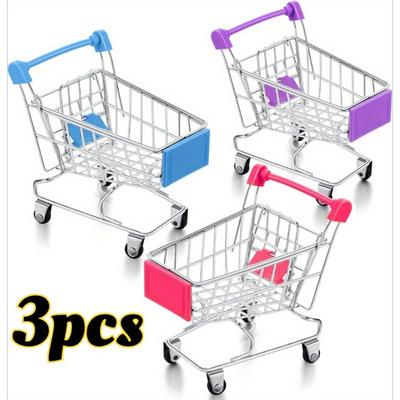 3pcs Mini Shopping Carts Small Supermarket Cart Model Metal Storage Cart Kawaii Dolls Display Rack Desktop Table Decoration Cute