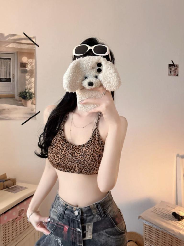 American Spice Girl Thin Perspective Suspender Vest Women's Summer Slim-fit Inner Leopard Print Breast Wrap Short Top Two-piece Set