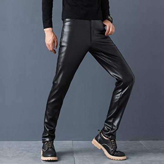 LIFESHINE Leather PU Motorcycle Windproof and Solid Biker Long Skinny Gift Not Men's Pants, Leather, Pants, Cold-Resistant, Color, Fleece-Lined,