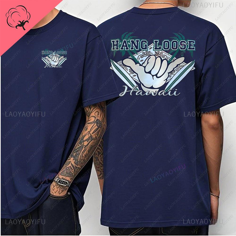 Hawaiian Style Mens Casual Tshirt Island Hanging Pine Shaka Surfboard Mens and Womens White Cotton Tee Retro Beach Surf Tops