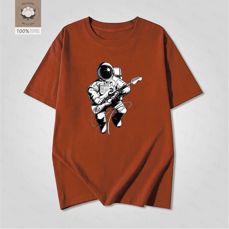 Space Astronaut Guitar Print Short Sleeve Unisex Retro Rock Style Loose Fit Pure Cotton Tshirt Streetwear
