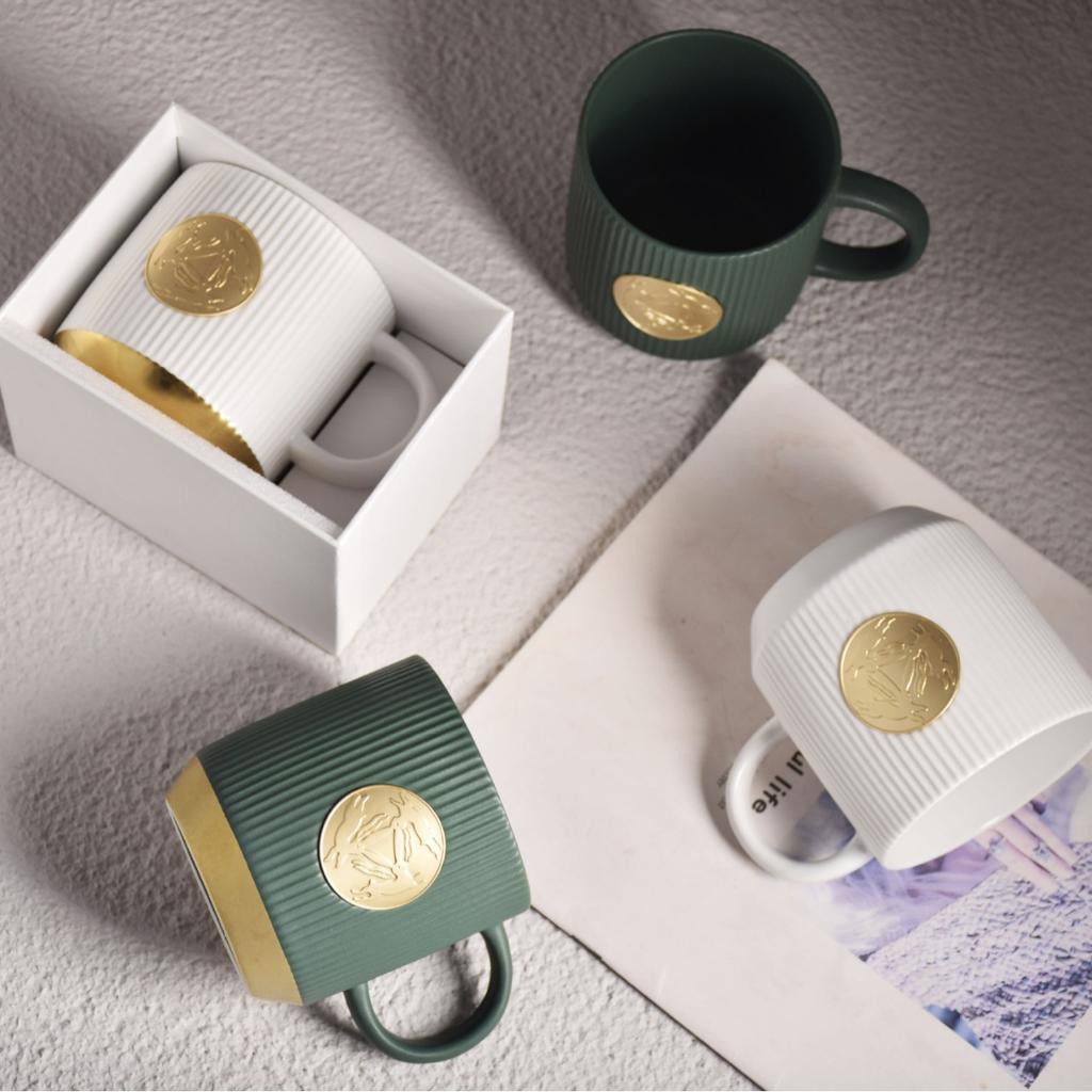 Wind Ceramic Coffee Cup Vertical Stripe Copper Medal Office Water Cup Milk Cup With Gift Print