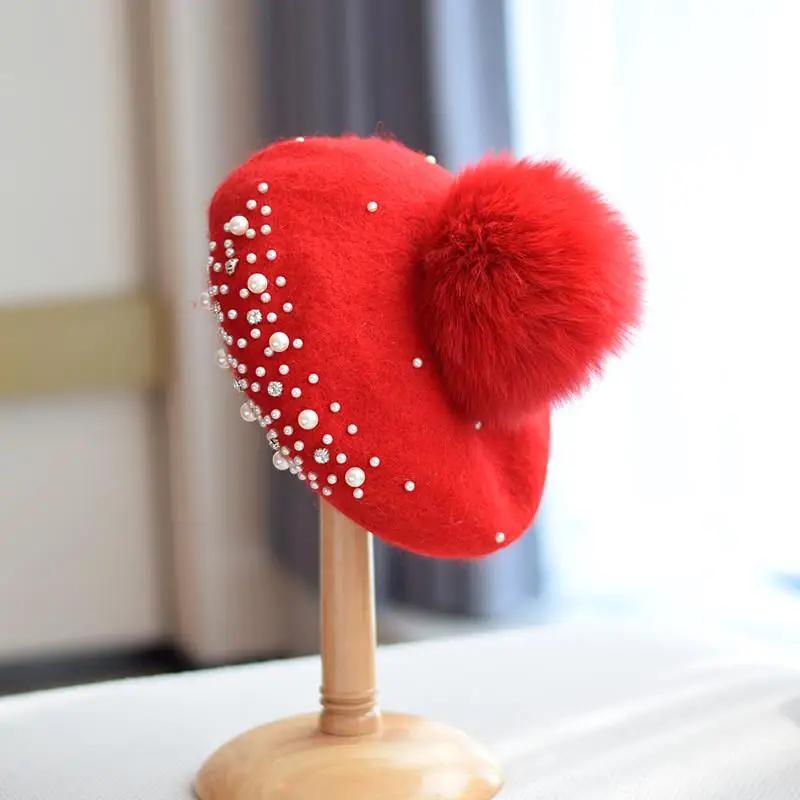 Ladies Fox Fur Ball Wool Beret Cap Fashion Retro Autumn Winter Pearls Detachable Painter Hat Diamond Pumpkin Hat