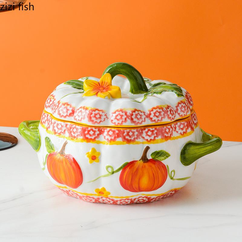 Double Ear Ceramic Bowl with Lid Pumpkin Soup Bowls Pig Oil Tank Storage Tank Stew Pot Dining Plate Dessert Bowl Noodle Bowls