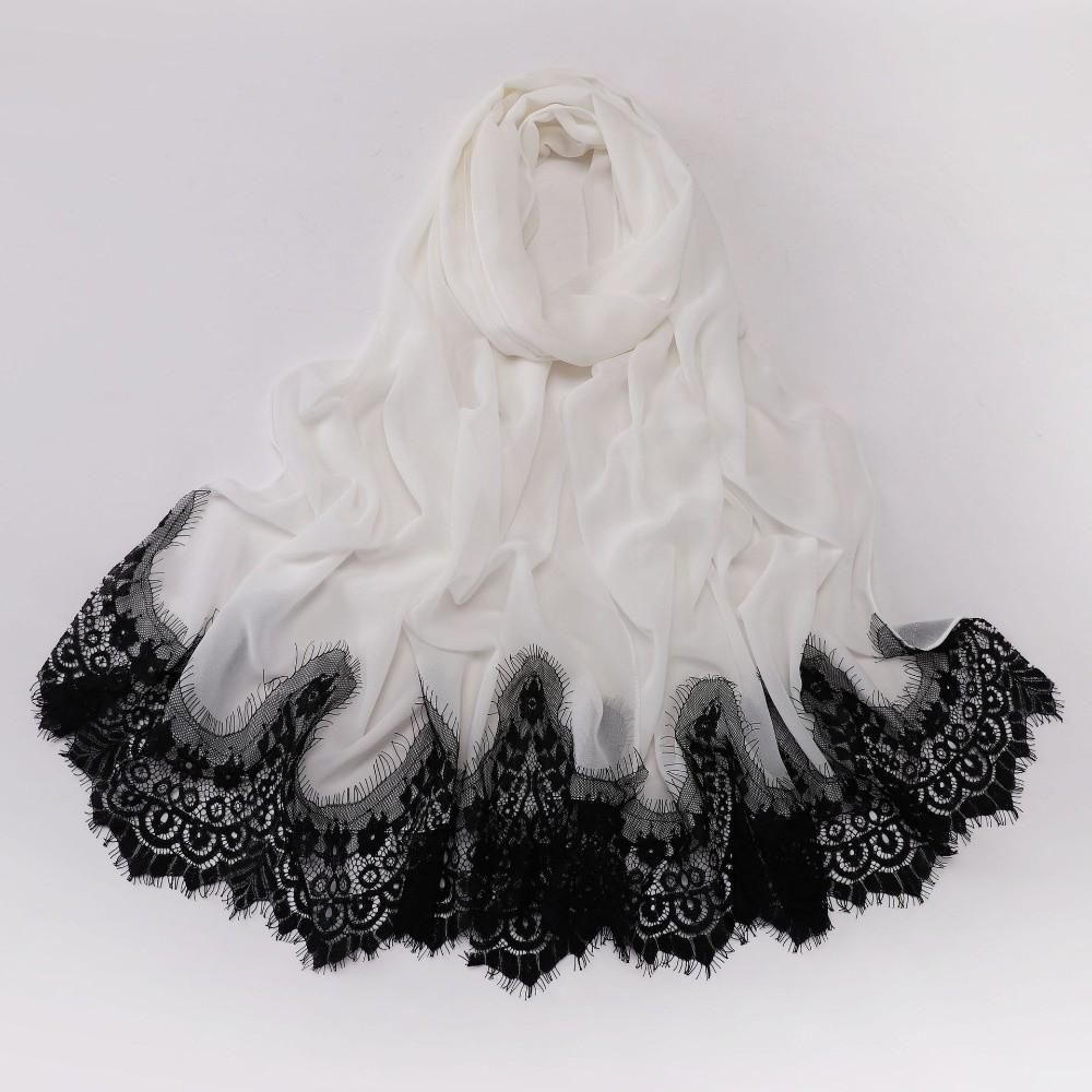 Pearl Chiffon Lace Edge Scarf Eyelash Black Lace Islamic Shawl Wrap Soft Long Hijab  Daily Wear