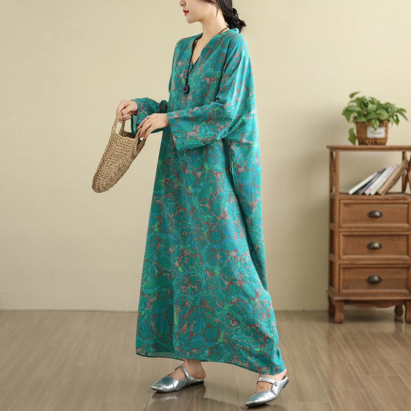 DIMANAF 2025 Women Plus Size Spring Long Dress Loose V-Neck Printing Vintage Casual Floral Oversize Long Sleeve 5033