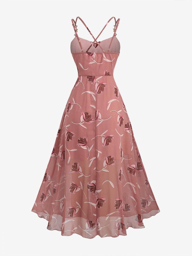 Rosegal Plus Size Floral Leaves Printed Crisscross Strappy Butterfly Buckle Decor Ruffles A Line Cami Dress