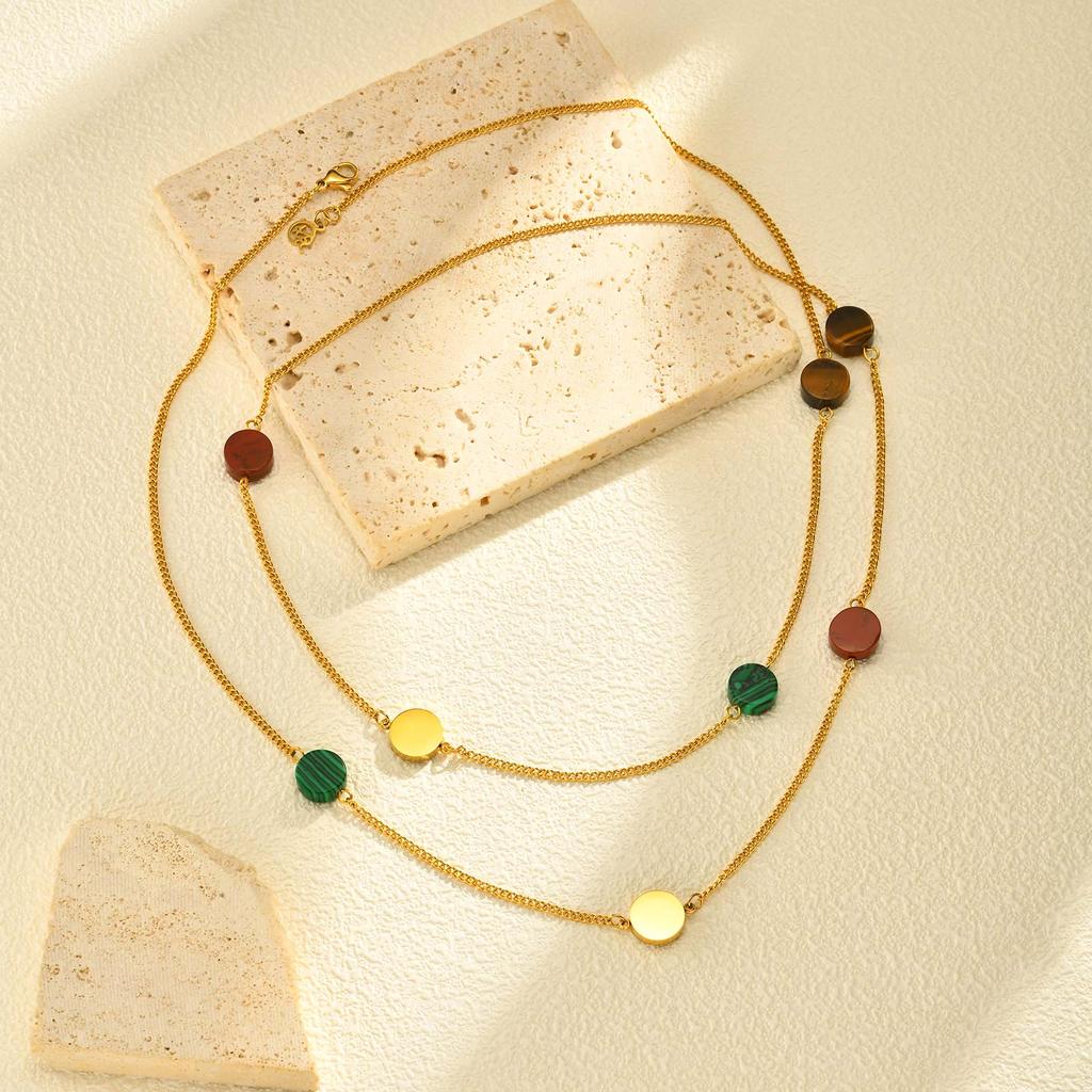 Chic Geometric Colored Beads Long Necklace, Stainless Steel Layered Sweater Chain Necklace, Stackable Fashion Jewelry for Women