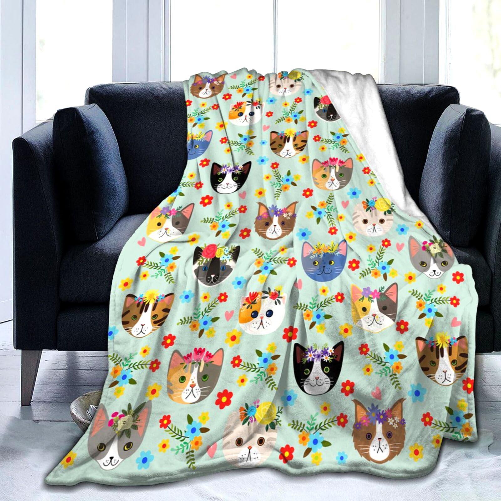 

Cute Cat Flowers Printed Blanket for Sofa Bed Travel Camping Living Room Office Conditioning Blanket for All Seasons Gifts 75x90cm