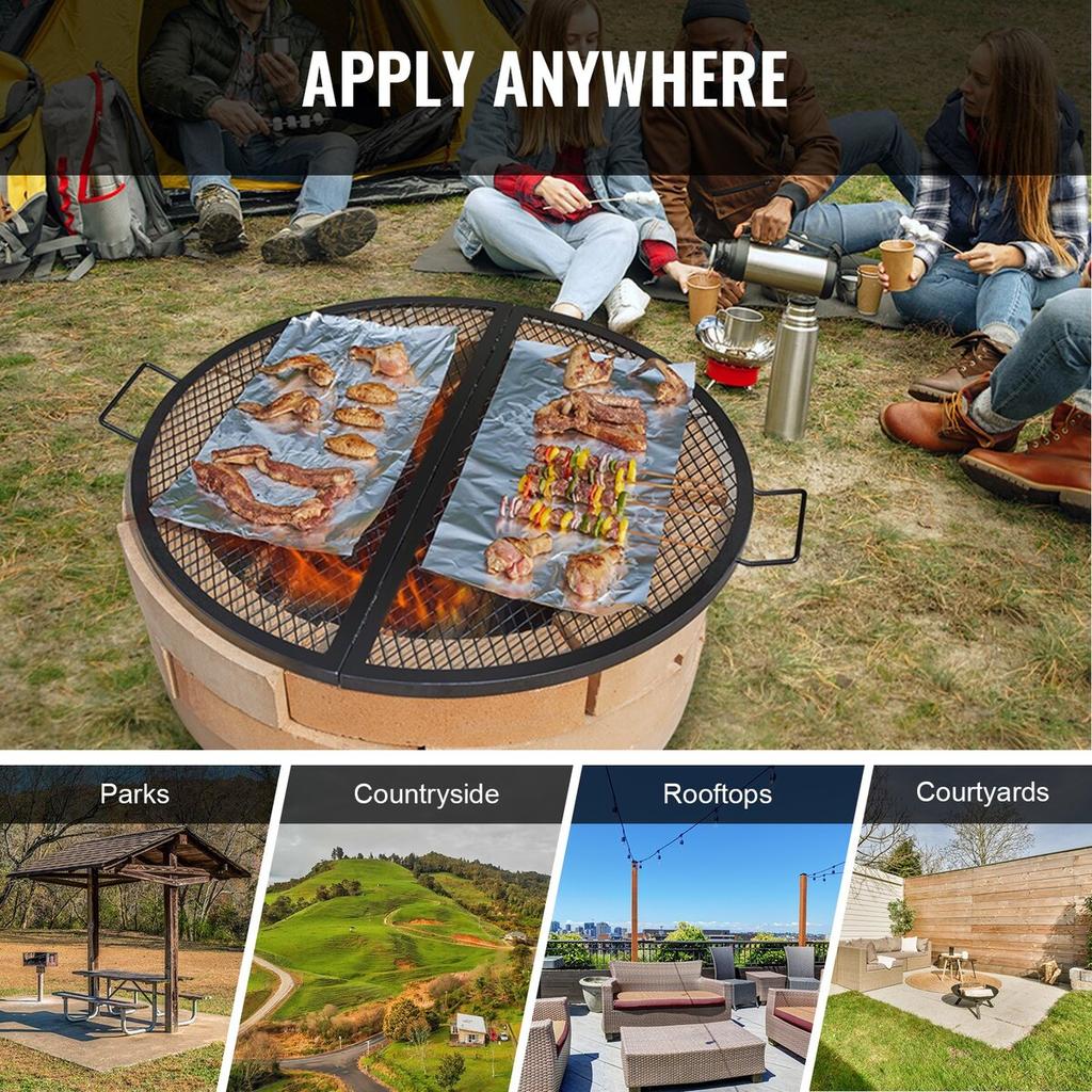 X-Marks Fire Pit Grill Grate, Foldable Round Cooking Grate, Heavy Duty Steel Campfire BBQ Grill Grid with Handle and Support X Wire, Portable Camping