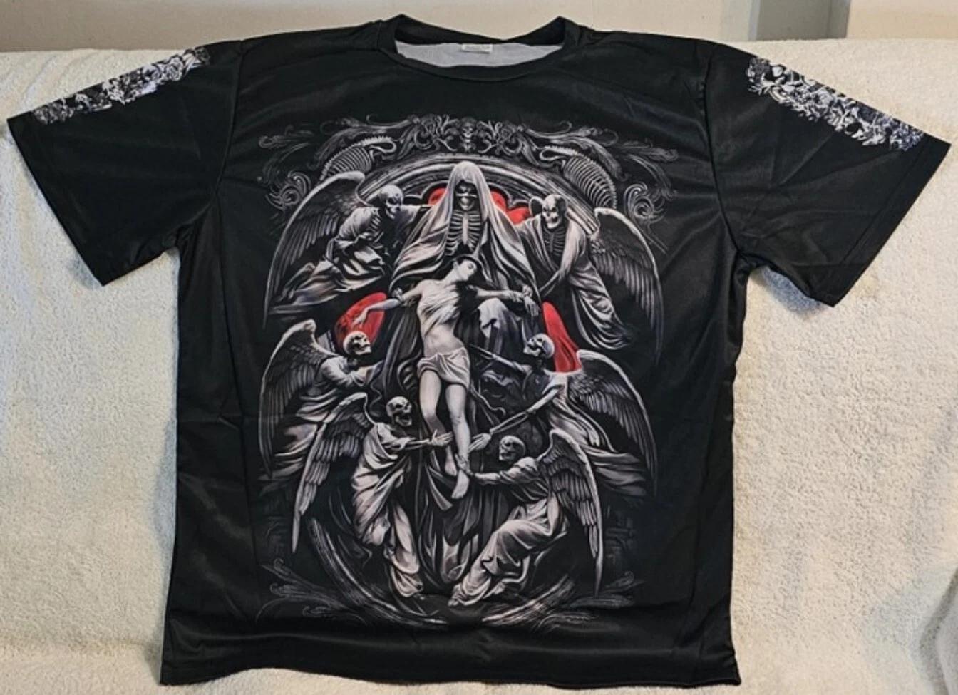GRIM REAPER DEATH ANGEL LADY SKELETON WINGS SKULL HORROR SCARY T-shirt M