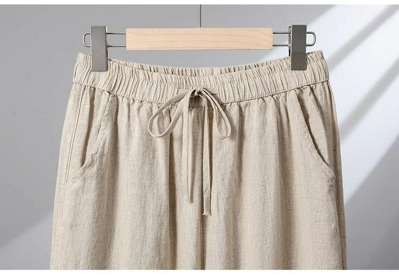 Hohe Taille Baumwolle Leinen Damen Weite Beine Verkürzte Hosen - Koreanischer Stil, Große Größen, Kordelzug, für Frühling, Sommer, Herbst