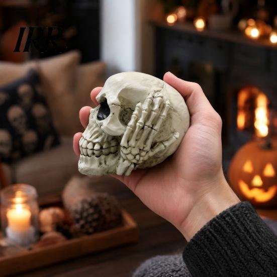 Figurine Crâne Figurine d'Halloween, Ne Voit Pas Entend Pas Ne Parle Pas Tête de Squelette Texture Réaliste Statue, Décoration Intérieure Résine Gothique pour Bureau, Étagère, Cheminée,